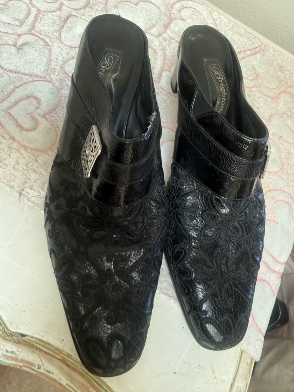 Brighton Black Embossed Floral Pointed-Heel Mules